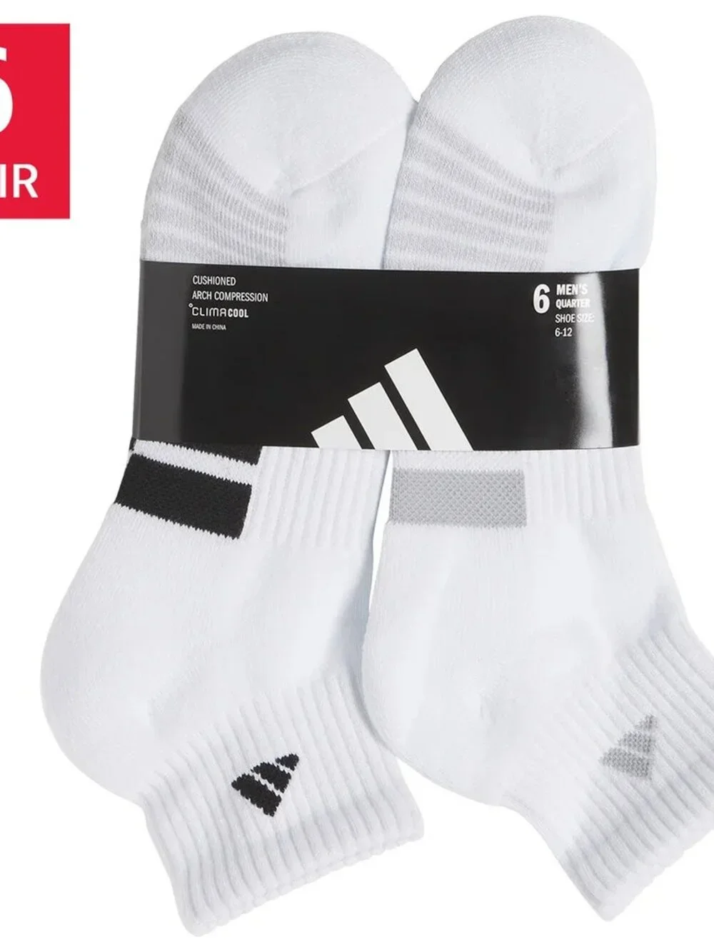 Adidas Men's Quarter Socks with Climacool & Arch Compression 6 pair, White , NWT